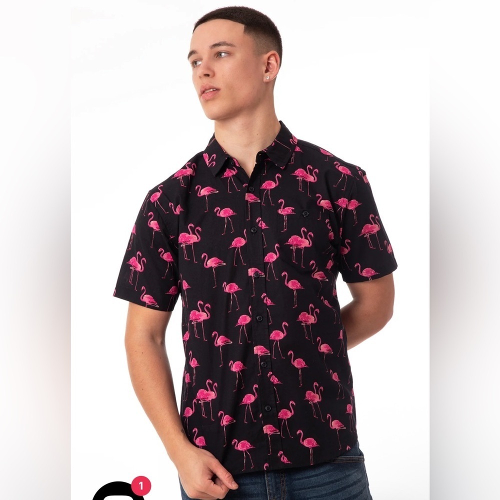 Soul Star England Flamingo Print Button Down Casual Short Sleeve Shirt